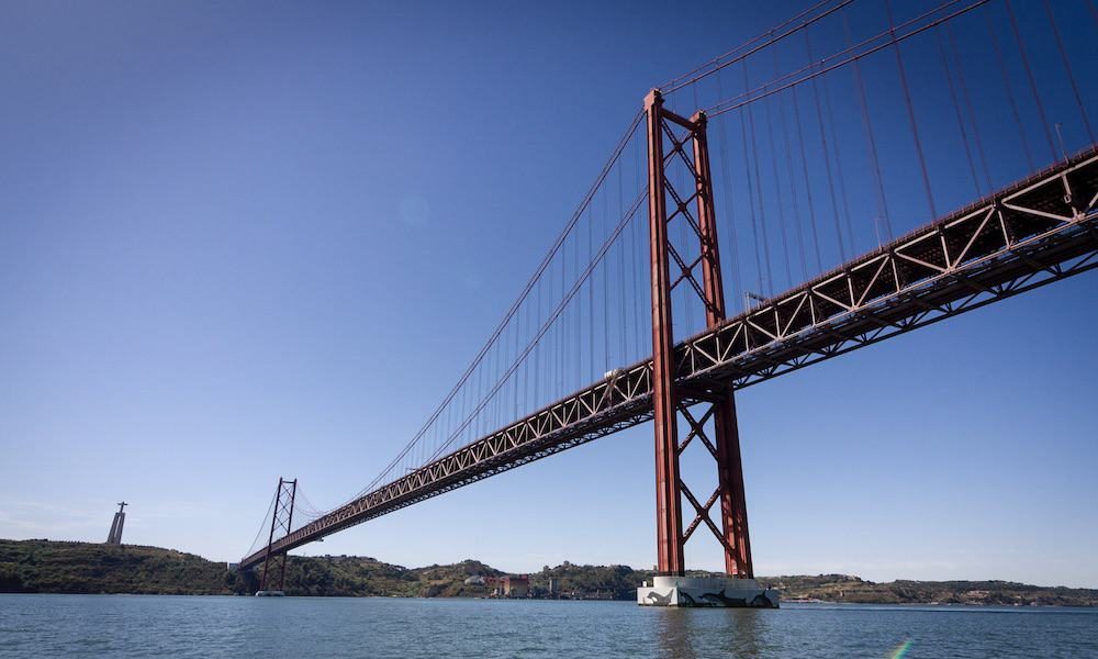 The famous Ponte 25 de Abril bridge over the Tagus river in Lisbon